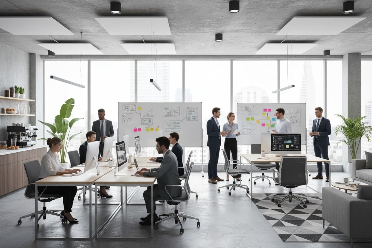 Un ampio ufficio open space luminoso con dipendenti che lavorano alle scrivanie e collaborano davanti a lavagne bianche.