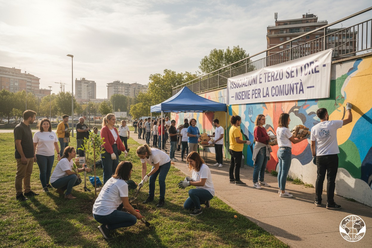 Un gruppo di volontari è impegnato nella pulizia e riqualificazione di un'area verde urbana, piantando alberi e dipingendo un murale sotto uno striscione con la scritta Insieme per la comunità.