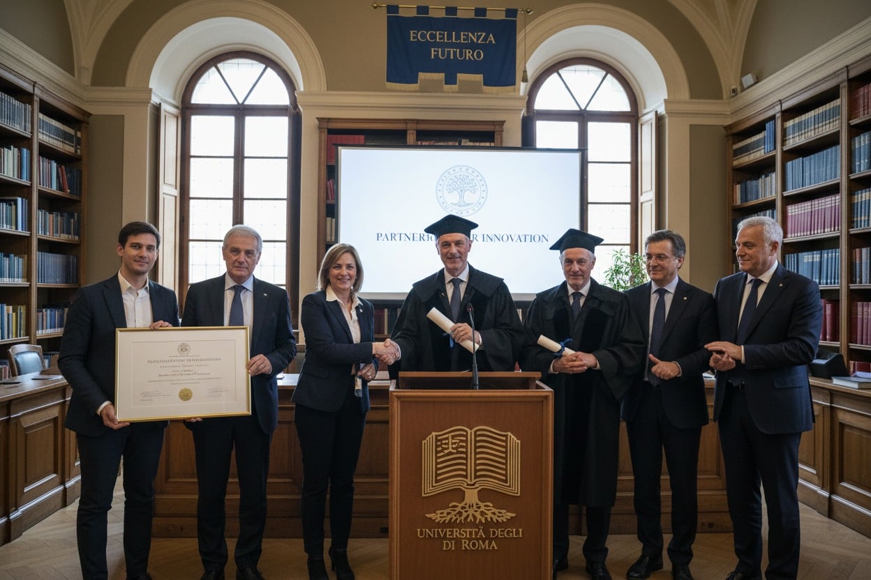 Un gruppo di persone posa per una foto in un'aula universitaria, con alcune di esse in toga accademica e una che riceve un diploma incorniciato.