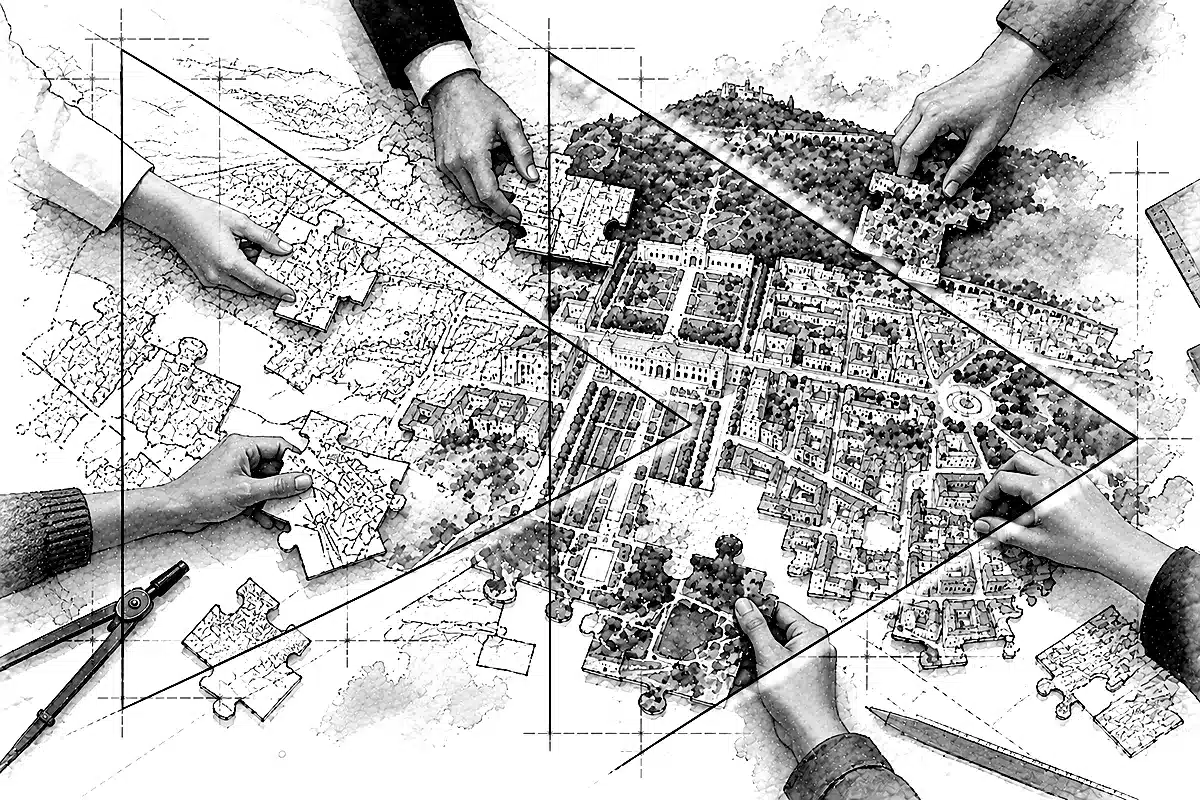 Illustrazione di più mani che compongono insieme la pianta di Caserta come un puzzle.