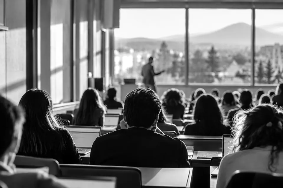 Fotografia in bianco e nero: studenti di spalle con i portatili in un’aula universitaria, un docente davanti a una grande vetrata sulle colline.