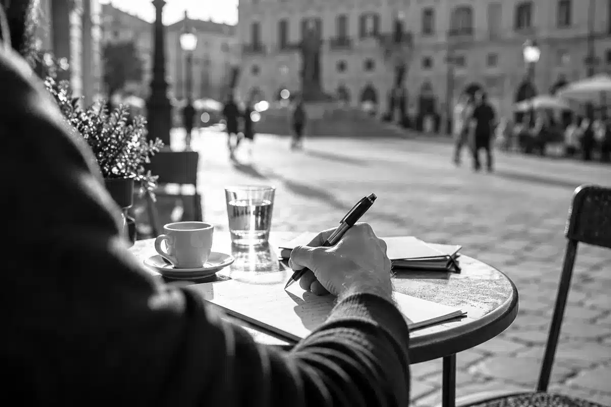 Fotografia in bianco e nero: una mano scrive su un foglio al tavolino di un caffè, sullo sfondo una piazza sfocata.